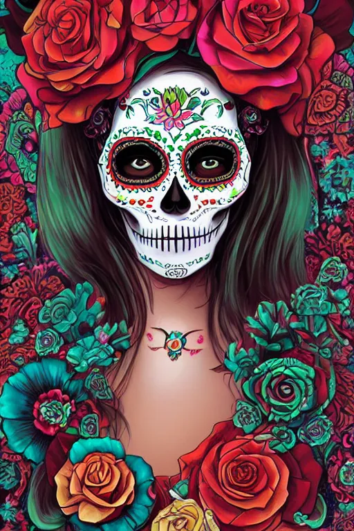 Image similar to illustration of a sugar skull day of the dead girl, art by lixin yin