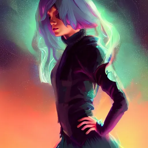 Image similar to a nonbinary changeling with a starry cloak, aurora colored hair, curious expression, character art, full body art, trending on artstation, artgerm, 4k ultra hd, sharp focus, digital art by Ilya Kuvshinov and Ross Tran,