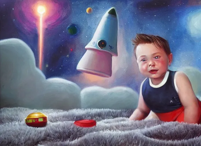 Image similar to toddler elon musk sitting on a shaggy rug playing with his little space rockets, realistic painting, beautiful soft lighting, istvan sandorfi