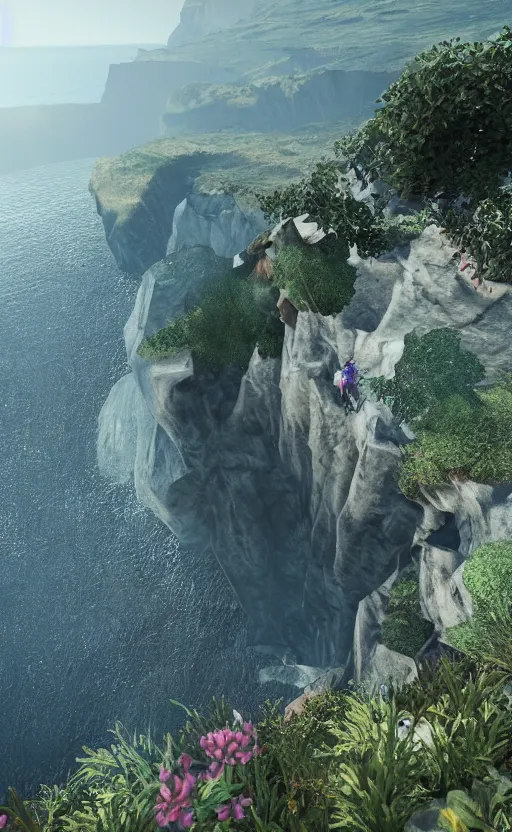 Image similar to We climbed the mountain Up impossible black cliffs Touching clouds But the path down Has been blocked, So we climb again Our eyes ever-focused On the crystal waters Of the valley below Unreal engine