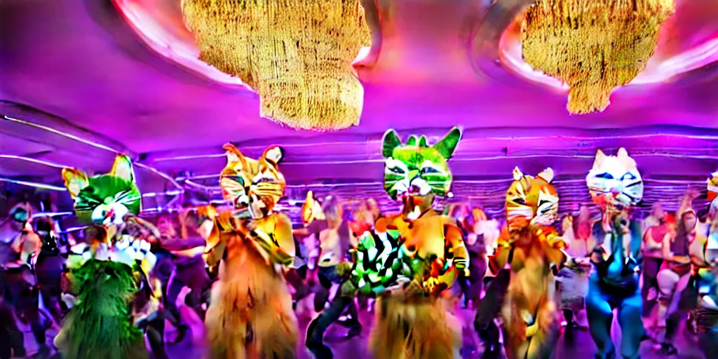 Image similar to 8 k uhd cinema 4 d, octane render of multiple cats dressed as vegetables with vegetables as masks, vegetables dressed as cats with fluffy tails, line dancing at a party, in the ballroom of a luxury cruise liner, beautiful chandeliers from the ceiling, ultra realistic, group photography, 1 0 5 mm lens, multi coloured volumetric lighting