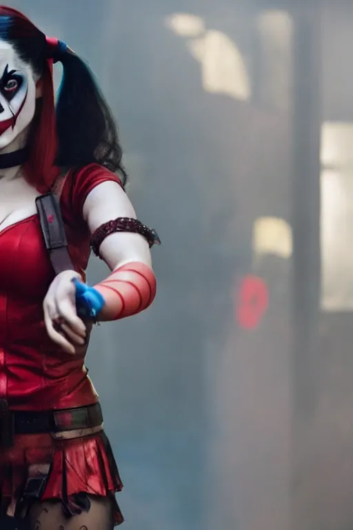 Prompt: film still of Salma Hayek as Harley Quinn in Joker, 4k