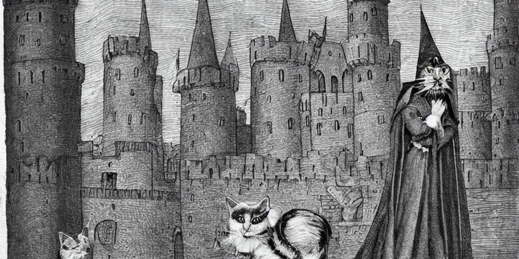 Prompt: a gray striped cat disguised as a wizard Merlin in front of the castle of Camelot. Renaissance style