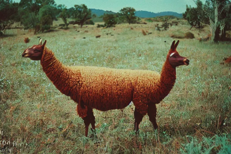 Prompt: a photo of a giant mutant snickers llama in its natural habitat, kodak ektachrome e 1 0 0 photography