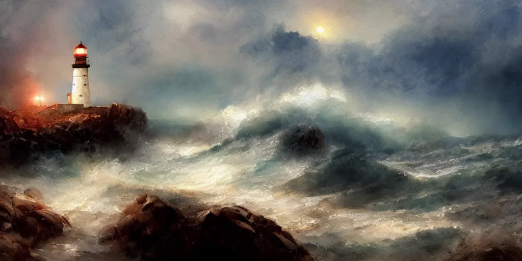 Prompt: a watercolor painting of a single lighthouse in a small rocky island during a violent storm by craig mullins, high quality, highly detailed, digital painting, masterpiece, turbulent sea, dramatic lighting, cinematic, centered, watercolor, william turner style, 4 k