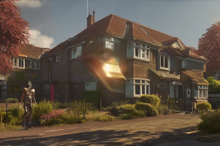 Prompt: cyberpunk, an estate agent listing photo, external view of a 5 bedroom detached house in the UK, it's summer, clear sky, by Paul Lehr, highly detailed, photorealistic, unreal engine, 8k,