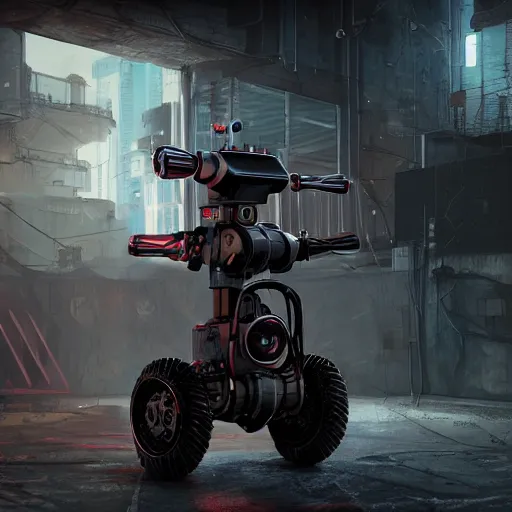 Image similar to panorama industrial military robot on a sci-fi military style motocycle, wearing bullet-riddled armor, glowing red eyes, wearing brutalist art deco industrial cyberpunk alley, dynamic dramatic dark moody lighting,shadows,cinematic atmosphere,Artstation, hyperrealistic 3D digital art,Octane render,8K 4K UHD image