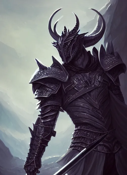 Prompt: full body portrait of a dragonslayer in the mountains, male, shiny blades, plate navy blue armor, dragon motif, high fantasy, dnd, face details, extremely detailed, smooth, sharp focus, digital illustration, by artgem, rossdraws, sakimichan