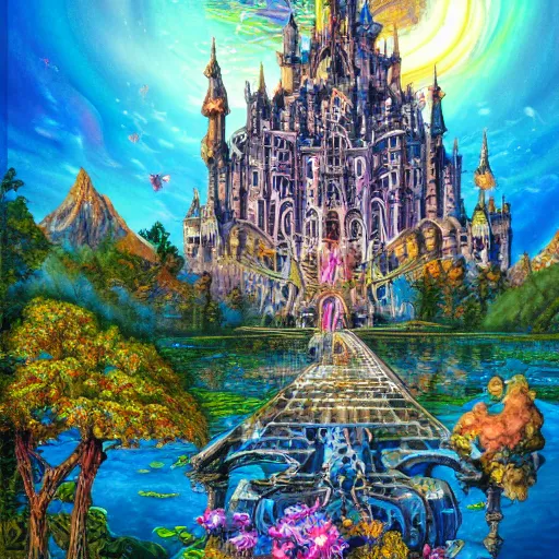 Prompt: a gigantic tall towering surreal elaborate sparkling gothic stone castle built over a lake on a bright sunny day, illustration by Ayami Kojima, Lisa Frank coloring, concept art, hyperdetailed, 4k