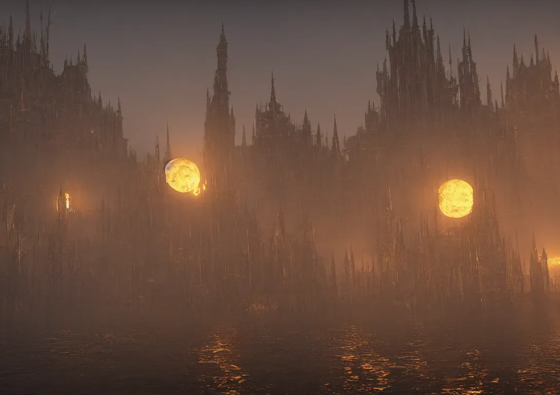 Prompt: the golden spires of the carcosa palace are illuminated by huge black sun, and the lake reflecting yhtill's remnants curled gunsmoke. 8 k, bloodborne cg style, unreal engine 5