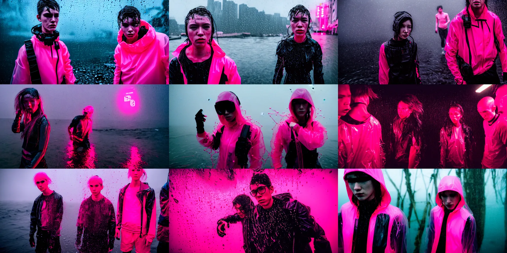 Prompt: cinestill hasselblad candid award winning press portrait by robert capas of cyberpunks wearing rugged neon pink mesh techwear in treacherous waters, wideangle, extreme motion blur, modern cyberpunk moody depressing cinematic, pouring rain, 8 k, hd, high resolution, 3 5 mm, f / 3 2, ultra realistic faces, ex machina