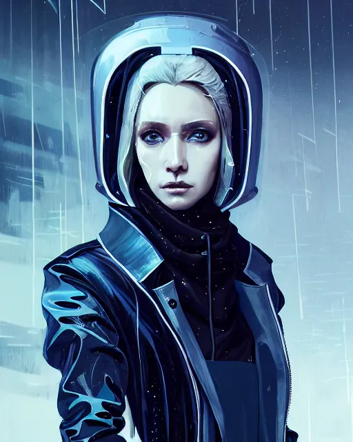 Prompt: detailed portrait of European Pretty Young Girl Storm Rain movie Jacket coat, Futuristic sci-fi fashion, royal attire by ismail inceoglu dragan bibin hans thoma greg rutkowski Alexandros Pyromallis Nekro Rene Margitte illustrated Perfect face, sharp chine, fine details, realistic shaded, fine-face, pretty face cyberpunk, neotokyo, synthwave, aesthetics, futuristic, low-emission-neon, bladerunner movie scene