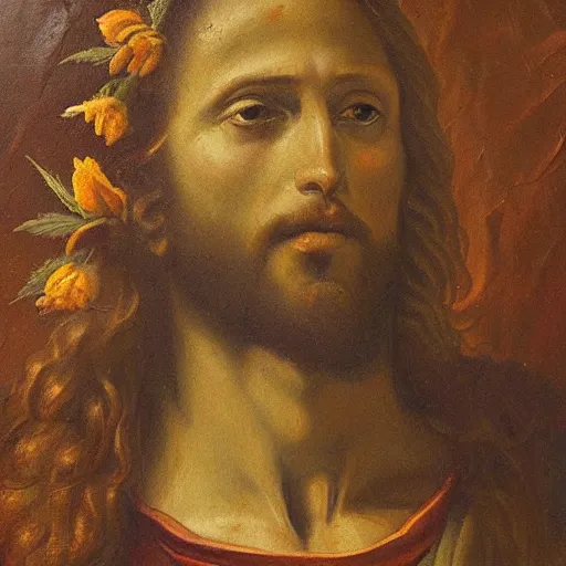 Image similar to an impasto oild painting of jesus holding a cannabis flowers painted by leonadro da vinci, rennaissance painting, high detailed oil painting, masterpiece, artstation