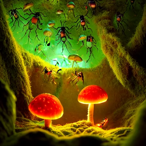 Image similar to a beautiful macro photography of luminescence moss with fungus and neon mushroom with real little bugs and giant ants, hyper detailed, warm volumetric lights, made by gerald brom and mike winkelmann, photorealism