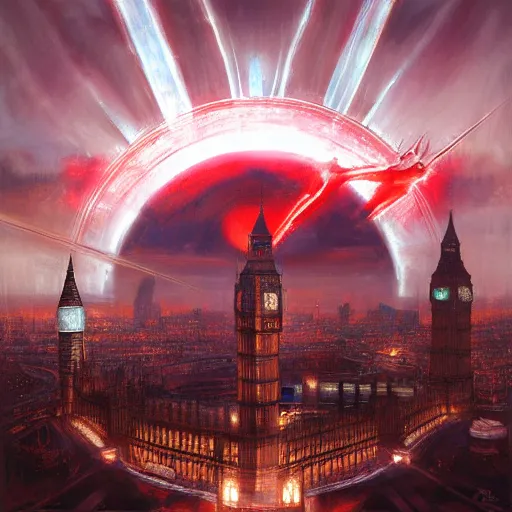 Image similar to eye of sauron looks over london by raymond swanland, highly detailed, bright tones