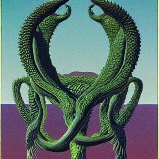 Image similar to hydra, highly detailed, artstation, in the style of moebius, art by rene magritte and jean delville