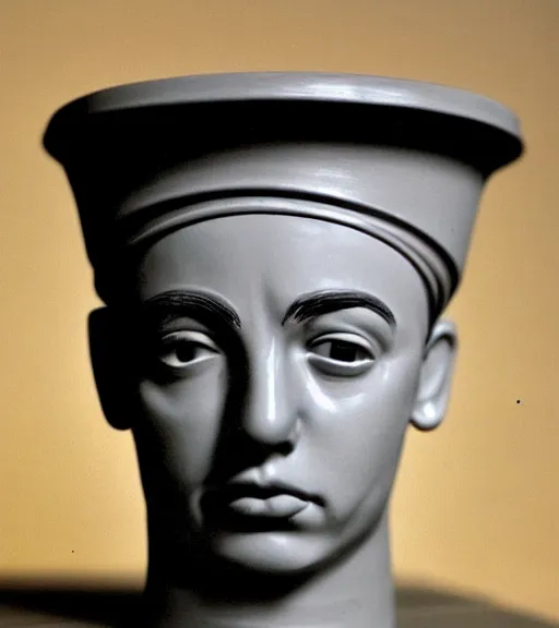 Prompt: flower pot with the face of a young Buster Keaton. Prominent cheek bones, gaunt, handsome, terracotta flowerpot growing African violets