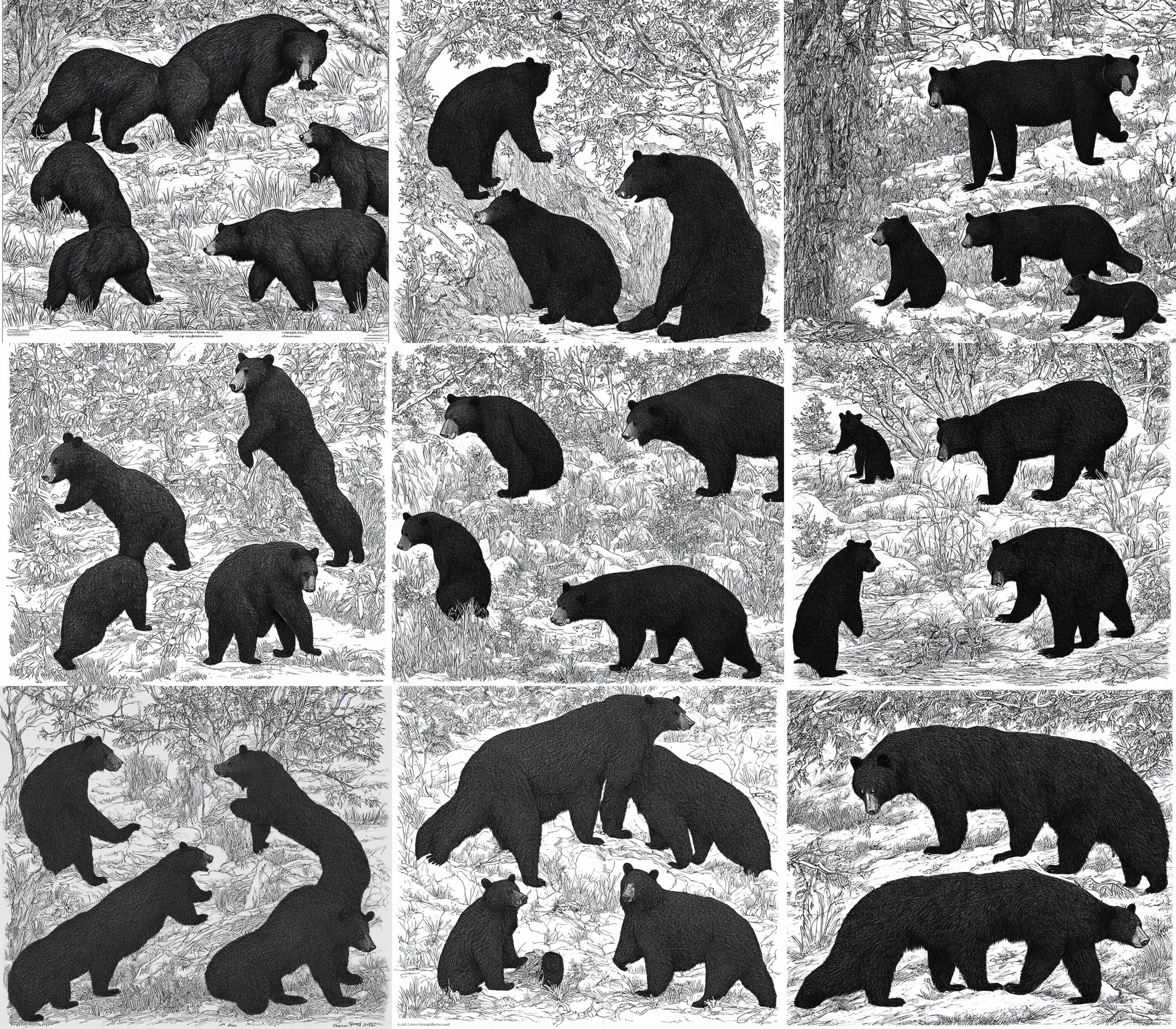 Prompt: one individual black bear, by Currier and Ives, coloring book page, black and white, pen & ink drawing