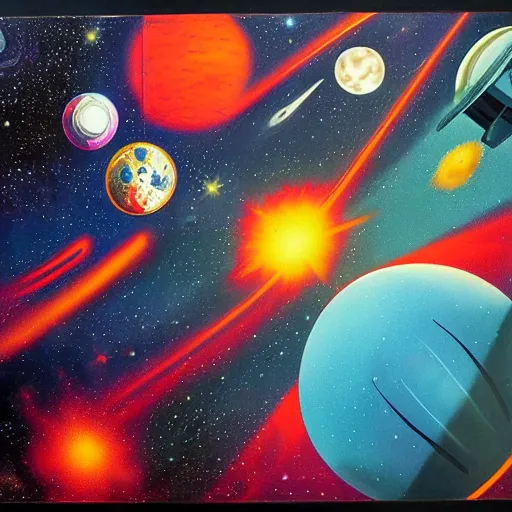 Prompt: rough texture, tempera, starburst background, astronauts and space colonies, utopian, by david a. hardy, wpa, public works mural, socialist, propaganda