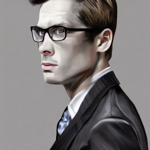Image similar to handsome serious man in a three - piece suit, hyper realism, digital painting, high quality, photo realistic detailed portrait