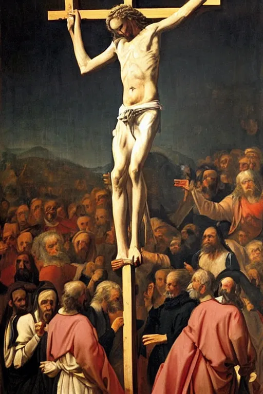 Prompt: painting of wailing geert wilders being crucified, renaissance, breathtaking painting, detailed