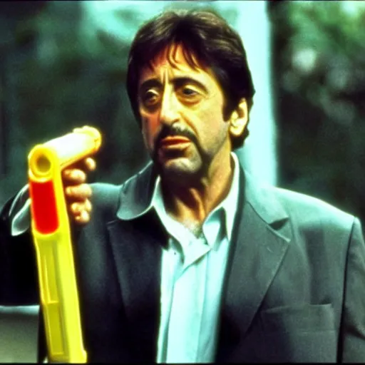 Prompt: Realistic photo of Al Pacino in Scarface, holding a Super Soaker