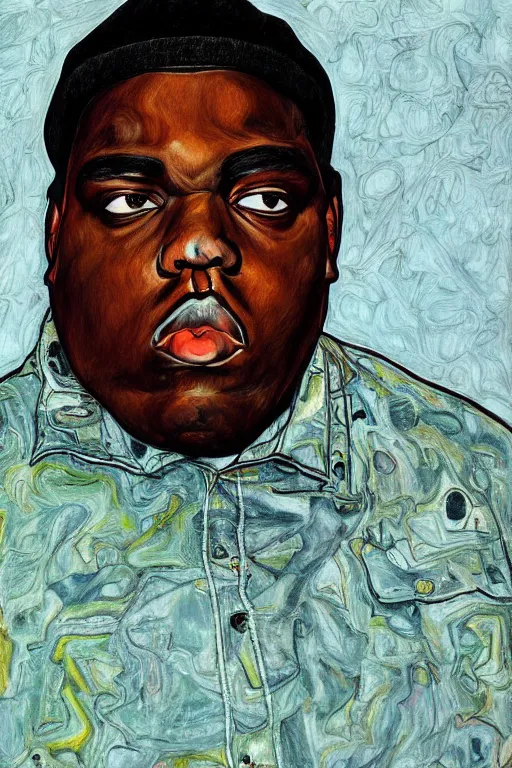 Image similar to a portrait of biggie smalls in style of egon schiele, notorious b. i. g., masterpiece, hyperdetailed, complex, intricate, old school photo, 4 k, trending on artstation