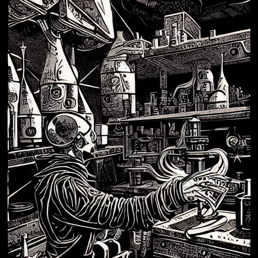 Image similar to ancient alchemist wizards laboratory, high details, lineart, by vincent di fate, inking, 3 color screen print, masterpiece, trending on artstation, sharp, high contrast, hyper - detailed, hd, 4 k, 8 k