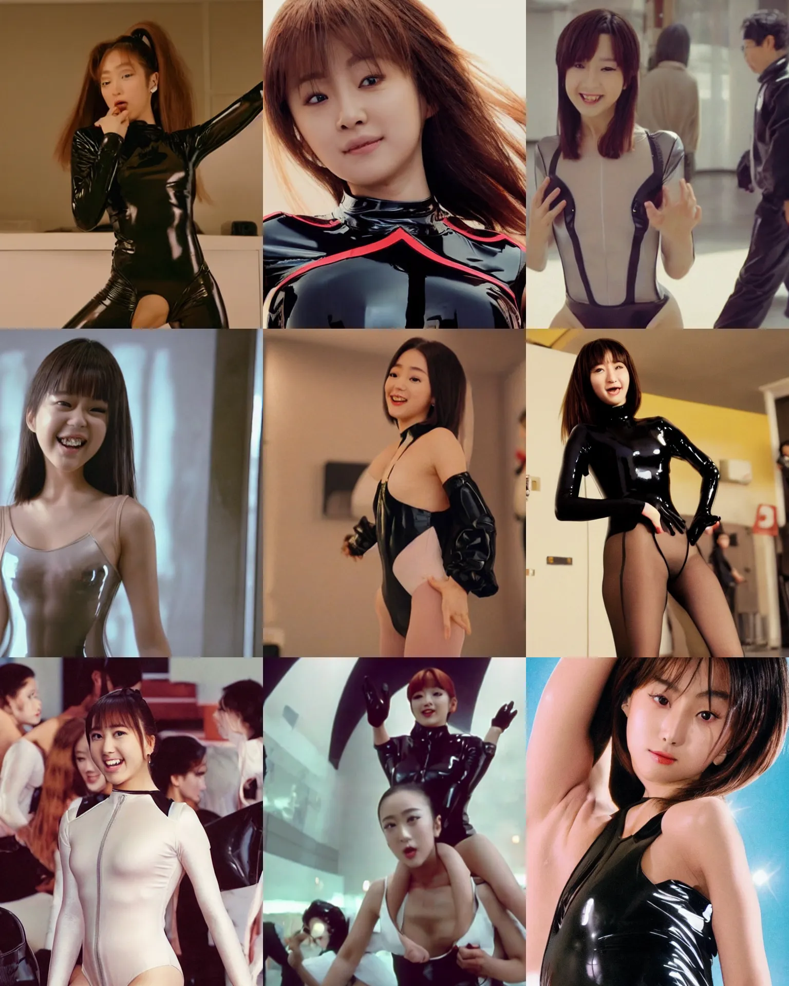 Image similar to Worksafe,clothed.1990s,unbelievably beautiful,perfect,dynamic,epic,cinematic movie shot of a close-up beautiful cute young J-Pop idol actress girl in latex leotard,expressing joy.By a Iranian movie director.Motion,VFX,Inspirational arthouse,high budget,hollywood style,at Behance,at Netflix,Instagram filters,Photoshop,Adobe Lightroom,Adobe After Effects,taken with polaroid kodak portra