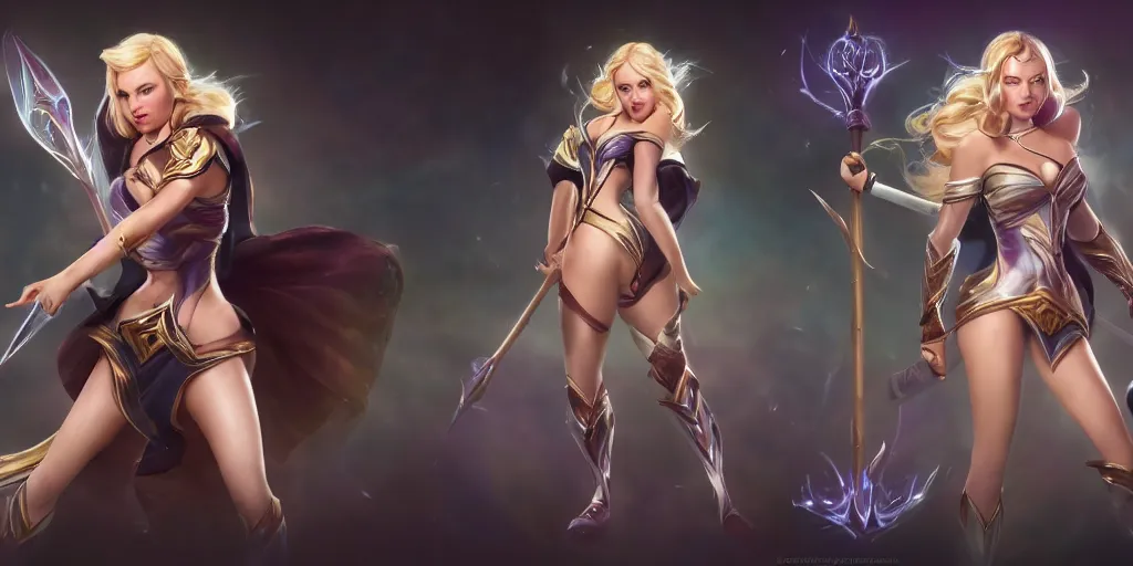 Image similar to hyper realistic action shots of Lux (League of Legends) played by Margot Robbie, using a magical staff, multiple angles. 4k, IMAX, sigma, cinematic, lute