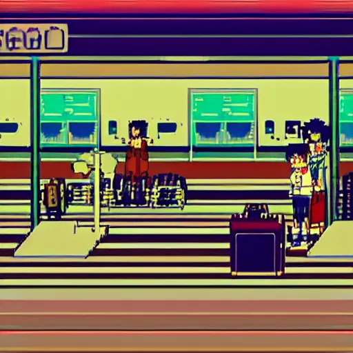 Image similar to inside airport, commodore 6 4 demo, 8 0 s anime vibe, in the style of kimagure orange road, studio ghibli