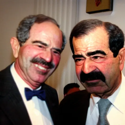 Image similar to saddam hussain with george bush, realistic, award winning, photography,