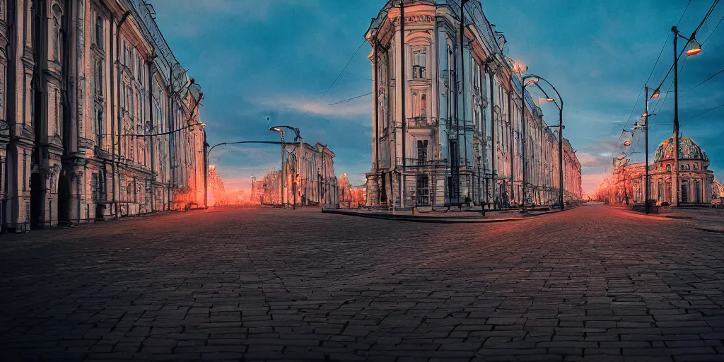 Image similar to cinematic street shot of a floating space venus cosmos city saint petersburg city, telephoto, anamorphic cinematography, beautiful composition, color theory, leading lines, photorealistic, moody volumetric lighting