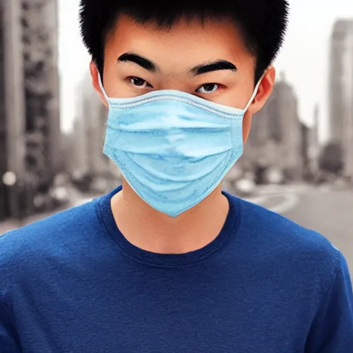 Prompt: 2 0 years old masked asian guy wearing blue long sleeve blouse by folding his sleeves, 8 k, hd, hyperrealistic details, illustrator art style