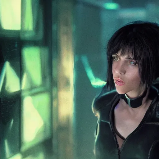 Image similar to a beautiful medium - shot still of scarlett johansson as the major motoko kusanagi from ghost in the shell, cyberpunk style, looking off into the distance, angled bob hairstyle, black hairs, ultra realistic, soft, blue hour, soft neons light from night city falling on her face. focus on her eyes and brows. by annie leibowitz