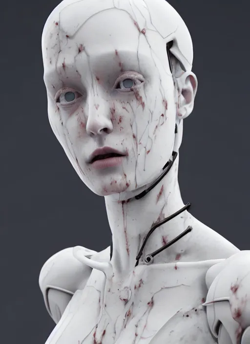 Image similar to a statue made of white marble covered in blood, of an gorgeous futuristic cybernetic angel girl, prostheses, transhumanism, full body shot, perfect symmetrical body, perfect symmetrical face, hyper realistic, hyper detailed, by johannen voss, by peter kemp, by monia merlo, by michelangelo, octane render, blender, 8 k