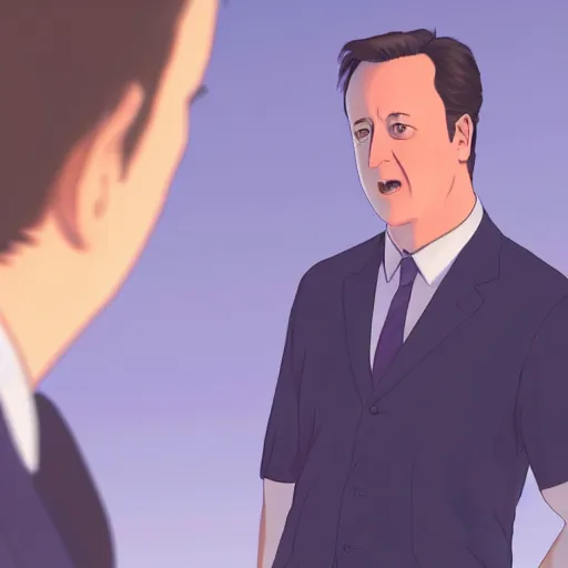 Prompt: A still of Prime Minister David Cameron in the film Kimi no Nawa, intricate detail, anime, trending on artstation