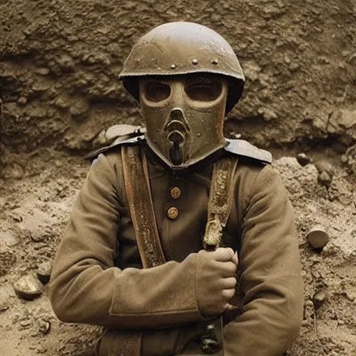 Prompt: “Byzantine soldier in ww1 trench warfare covered in religious iconography and wearing prosthetic face mask”