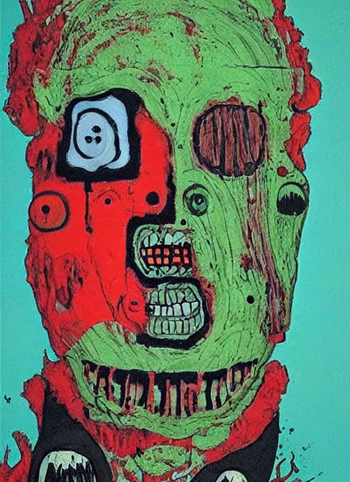 Image similar to a horror mad portrait of extraterrestrial art brut by a psycho man, full color outsider crazy marginal art