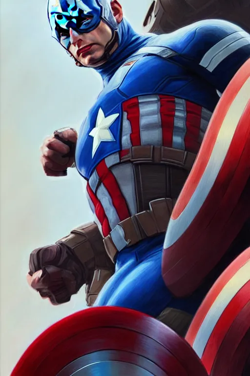 Image similar to elon musk as captain america, portrait, highly detailed, digital painting, artstation, concept art, smooth, sharp focus, illustration, cinematic lighting, art by artgerm and greg rutkowski and alphonse mucha