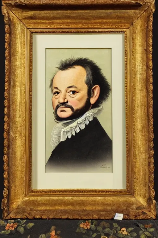 Image similar to a 1 6 0 0 s framed portrait painting of bill murray, intricate, elegant, highly detailed