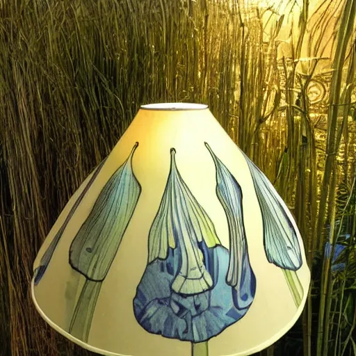 Prompt: beautiful victorian art nouveau mushroom shaped lampshade, river reeds duckweeds close up abstract mallard feathers, mucha tiffany kilian eng