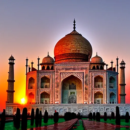 Prompt: Taj Mahal made of cheese, sunset