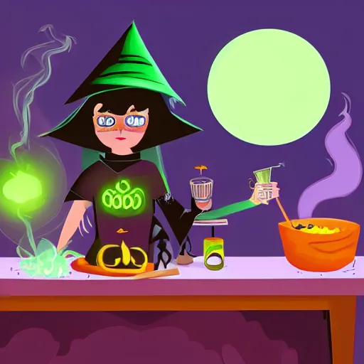 Image similar to teen witch mixing a spell in a cauldron, an owl is standing on the table, a cat is on the table, wispy smoke fills the air, a witch hat, cinematic, green glowing smoke is coming out of the cauldron, ingredients on the table, unorganized apothecary shelves in the background, kids halloween costume