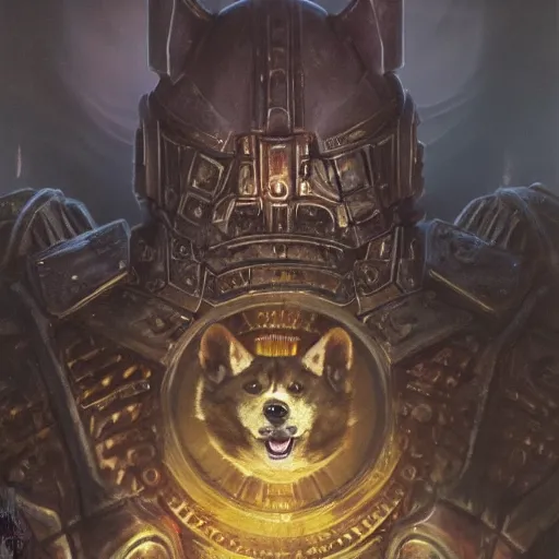 Image similar to warhammer 4 0 k god emperor armor, anthropomorphic shiba inu face visible, stuning 3 d render, masterpiece, glowing black aura, foggy dark, by donato giancola and greg rutkowski and wayne barlow and zdzisław beksinski, realistic face