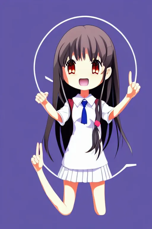 Image similar to full body anime portrait of a cute android girl round eyes long hair dressed in a school uniform inside the school, peace sign, stunning, highly detailed, anatomically correct, vector art, hyper realistic