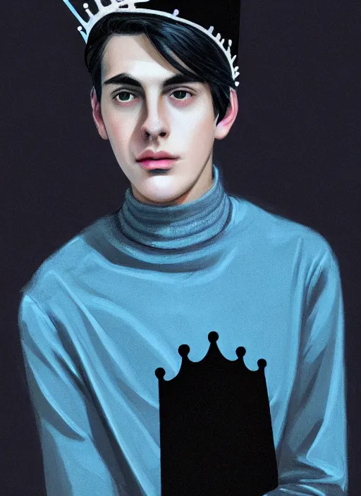 Image similar to portrait of teenage jughead jones wearing a light grey crown, crown, blue turtleneck, 1 9 5 0 s, closed eyes, photorealistic, black hair, glowing lighting, intricate, elegant, glowing lights, highly detailed, digital painting, artstation, concept art, smooth, sharp focus, illustration, art by wlop, mars ravelo and greg rutkowski