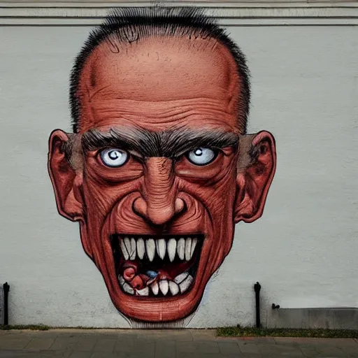 Image similar to A beautiful street art of of a giant head. The head is bald and has a big nose. The eyes are wide open and have a crazy look. The mouth is open and has sharp teeth. The neck is long and thin. intricate by Frank Quitely, by Vito Acconci evocative