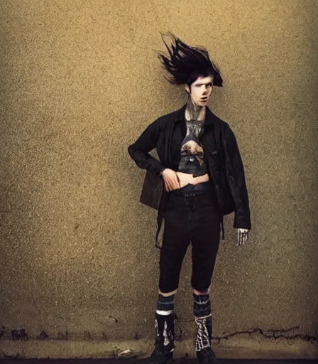 Image similar to a high quality, high detail, portrait of a non binary punk rocker by annie leibovitz and kyle thompson, moody, atmospheric