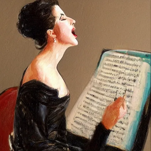 Image similar to painting of a glamorous opera singer performing, highly realistic paining